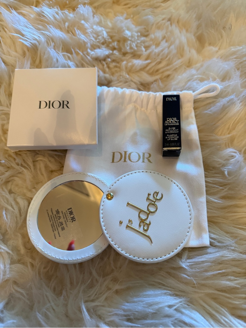 Dior White Leather J'adore Mirror w/ Gold Logo & Dior Addict Lip Maximizer